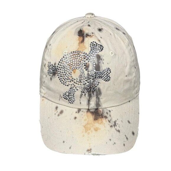 Lunada Bay Rhinestone Scull & Bone Cap Beige Distressed Tie Dye Grunge Punk Y2K - Picture 4 of 8
